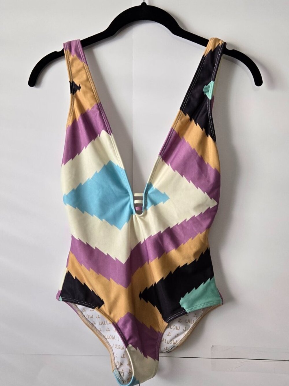 Rare Tallow Tribal Inspired Geometric Plunging V-Neckline Swimsuit Size 2